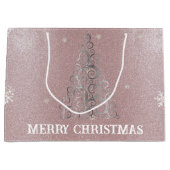 クリスマスツリーグリッターと雪片 |ピンク ラージペーパーバッグ (正面)