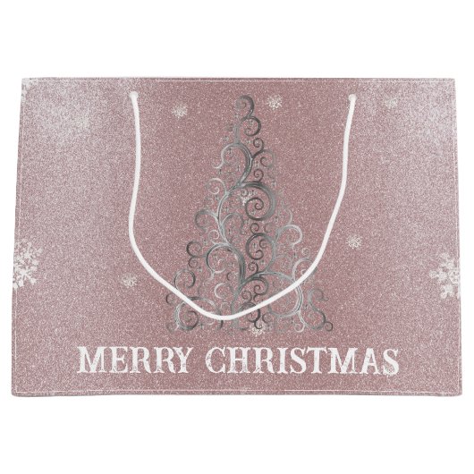 クリスマスツリーグリッターと雪片 |ピンク ラージペーパーバッグ (正面)