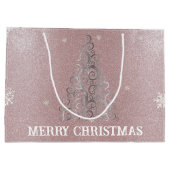 クリスマスツリーグリッターと雪片 |ピンク ラージペーパーバッグ (裏面)