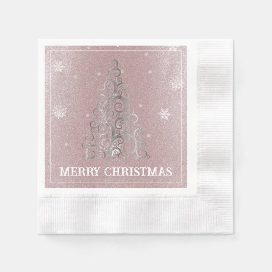 クリスマスツリーグリッターと雪片 |ピンク 縁ありカクテルナプキン (正面)