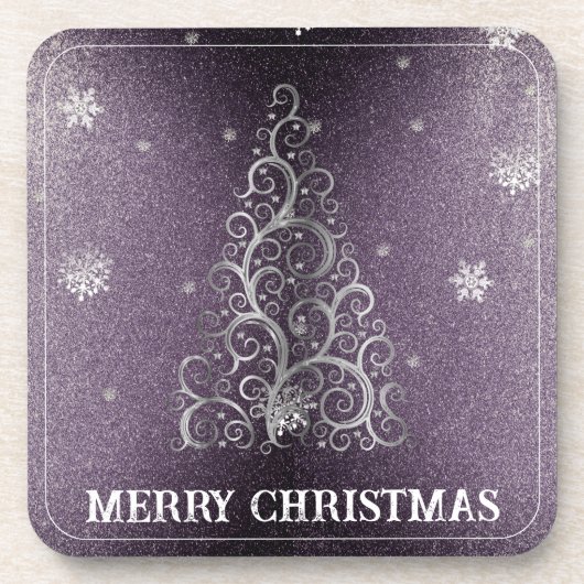 クリスマスツリーグリッターと雪片 |紫 コースター (正面)
