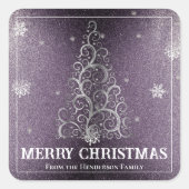 クリスマスツリーグリッターと雪片 |紫 スクエアシール (正面)
