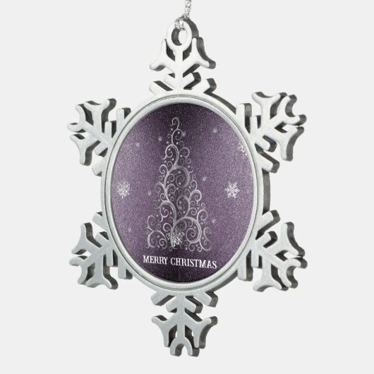 クリスマスツリーグリッターと雪片 |紫 スノーフレークピューターオーナメント (右)