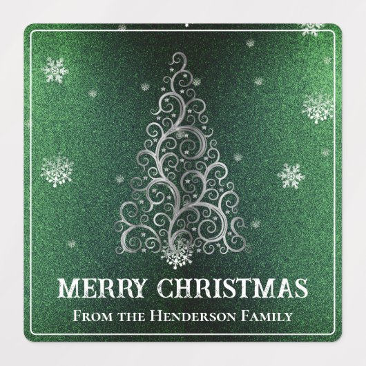 クリスマスツリーグリッターと雪片 |緑 ラベル (デザイン1)