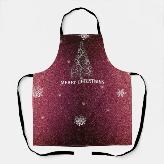 クリスマスツリーグリッターと雪片 |赤 エプロン (正面)