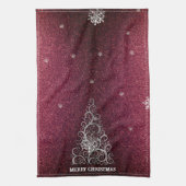 クリスマスツリーグリッターと雪片 |赤 キッチンタオル (縦)