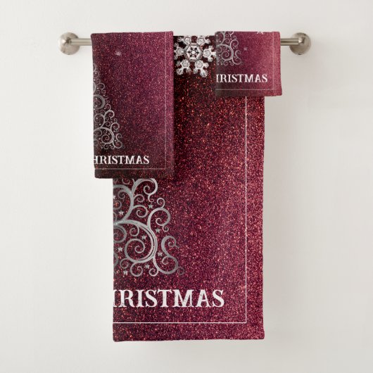 クリスマスツリーグリッターと雪片 |赤 バスタオルセット (インサイチュ)