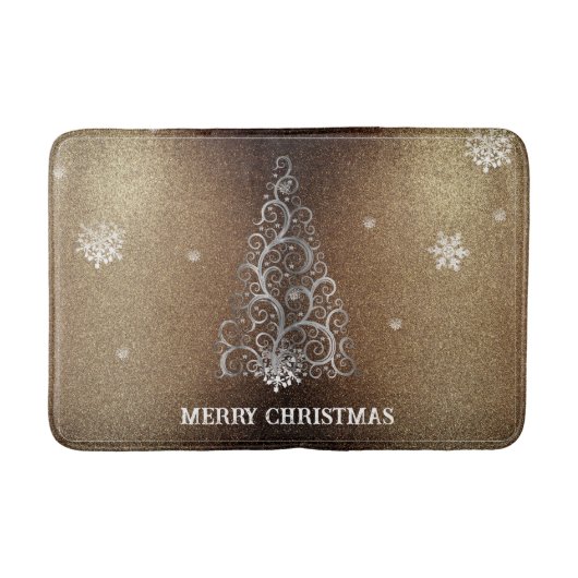 クリスマスツリーグリッターと雪片 |金ゴールド バスマット (正面)