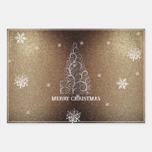 クリスマスツリーグリッターと雪片 |金ゴールド ラッピングペーパーシート (正面)