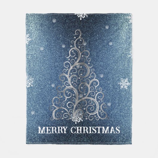 クリスマスツリーグリッターと雪片 |青 フリースブランケット (正面)
