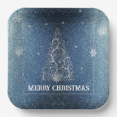 クリスマスツリーグリッターと雪片 |青 ペーパープレート (正面)