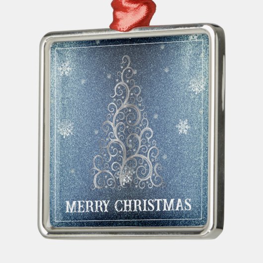 クリスマスツリーグリッターと雪片 |青 メタルオーナメント (左)