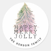 クリスマスツリーグリーンピンクウォーターカラーホリデー ラウンドシール (正面)