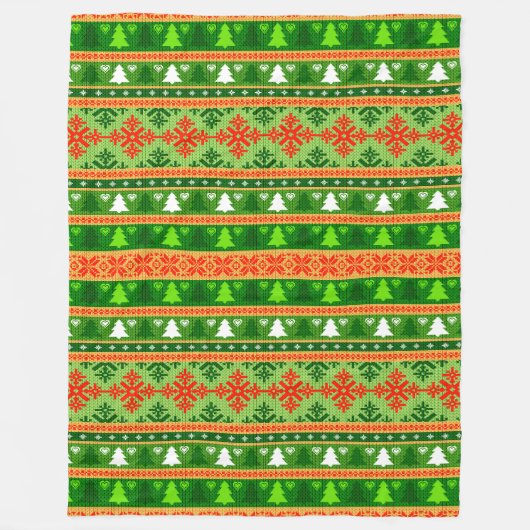 クリスマスツリーグリーンホワイトレッドオーナメント フリースブランケット (正面)