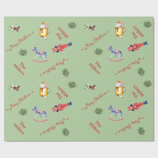 クリスマスツリーココア馬のおもちゃグリーンファミリーギフト ラッピングペーパー (フラット)