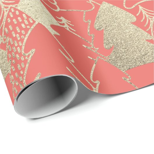 クリスマスツリーコーラルキャンディファンシー金ゴールドグリッターウッド ラッピングペーパー (ロールコーナー)