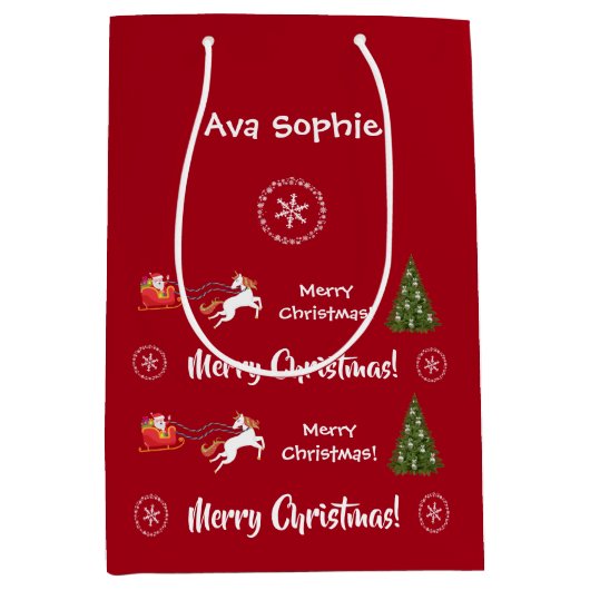 クリスマスツリーサンタスレイユニコーンパーソナライズされた ミディアムペーパーバッグ (正面)