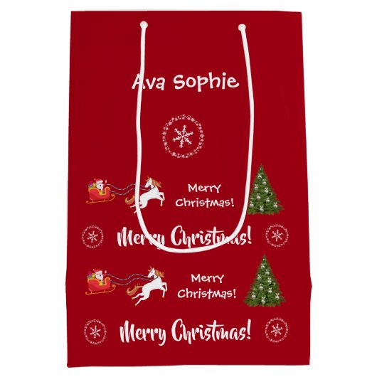 クリスマスツリーサンタスレイユニコーンパーソナライズされた ミディアムペーパーバッグ (裏面)