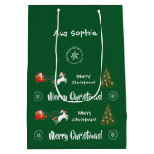 クリスマスツリーサンタスレイユニコーンパーソナライズされた ミディアムペーパーバッグ (裏面)