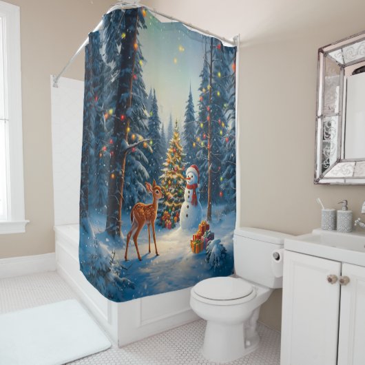 クリスマスツリーシーンカワイディアファウン雪だるま シャワーカーテン (インサイチュ)