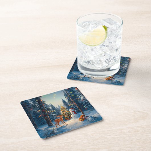 クリスマスツリーシーンカワイディアファウン雪だるま スクエアペーパーコースター (インサイチュ)