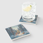 クリスマスツリーシーンカワイディアファウン雪だるま ストーンコースター (横)