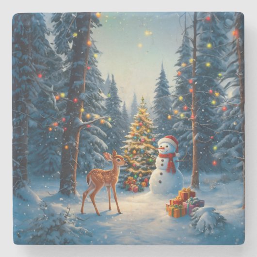 クリスマスツリーシーンカワイディアファウン雪だるま ストーンコースター (正面)
