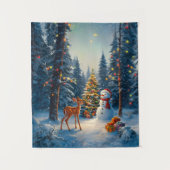 クリスマスツリーシーンカワイディアファウン雪だるま タペストリー (正面)