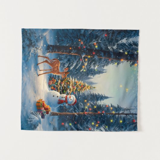 クリスマスツリーシーンカワイディアファウン雪だるま タペストリー (正面(横))