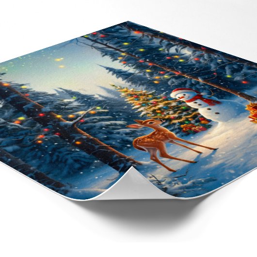 クリスマスツリーシーンカワイディアファウン雪だるま ポスター (角)