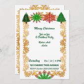 クリスマスツリーススノーフレーク金ゴールドフレームパーティー招待状 (正面/裏面)