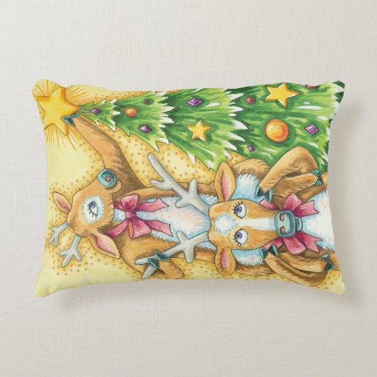 クリスマスツリースターを飾ったかわいいトナカイ アクセントクッション (正面)
