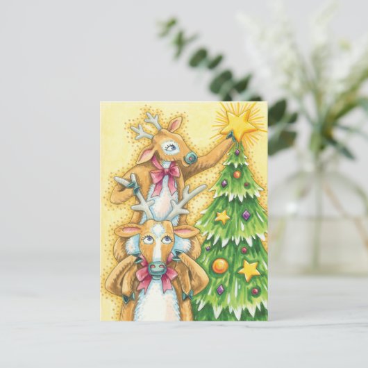クリスマスツリースターを飾ったかわいいトナカイ シーズンポストカード (スタンド正面)