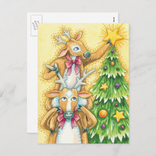 クリスマスツリースターを飾ったかわいいトナカイ シーズンポストカード (正面/裏面)