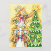 クリスマスツリースターを飾ったかわいいトナカイ シーズンポストカード (正面)