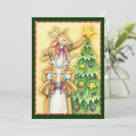 クリスマスツリースターを飾ったかわいいトナカイ 招待状 (スタンド正面)