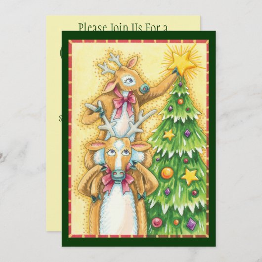 クリスマスツリースターを飾ったかわいいトナカイ 招待状 (正面/裏面)