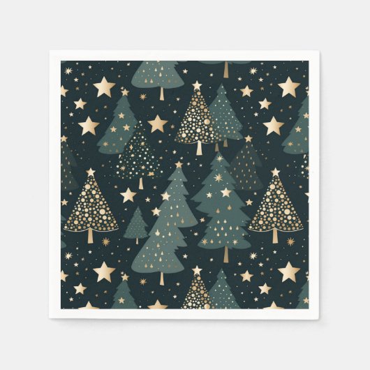 クリスマスツリースターズ金ゴールドグリーンパターンデコール スタンダードカクテルナプキン (正面)