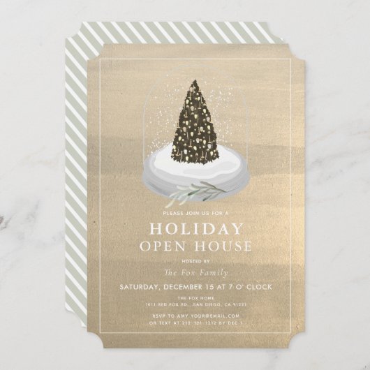 クリスマスツリースノーグローブ金ゴールドホリデーオープンハウス 招待状 (正面/裏面)
