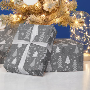 クリスマスツリースノーフレークグレーとホワイトクリスマス ラッピングペーパー