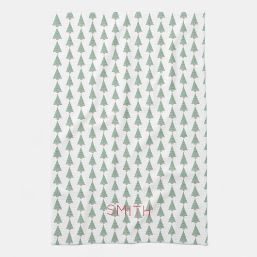 クリスマスツリーズウォーターカラーアートNAME休日 キッチンタオル (縦)