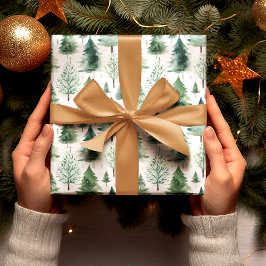 クリスマスツリーズウォーターカラーパターングリーンホリデー ラッピングペーパー