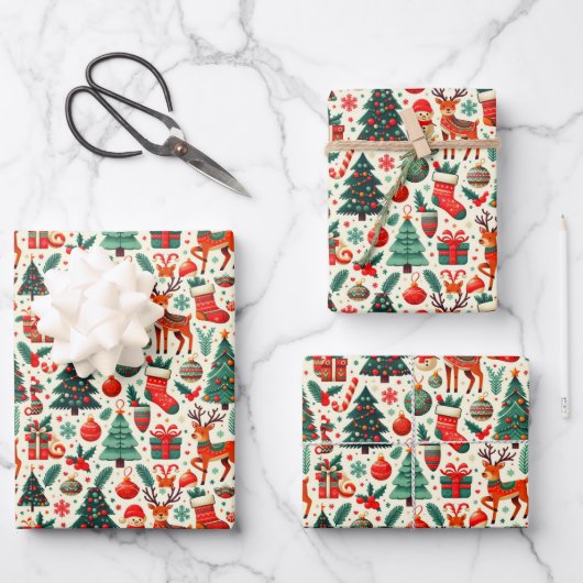 クリスマスツリーズサンタ雪だるまトナカイ応援 ラッピングペーパーシート (正面)