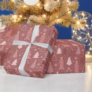クリスマスツリーズスノーフレークバラ金ゴールドピンククリスマス ラッピングペーパー