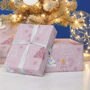 クリスマスツリーズスノーフレークピンクのクリスマス ラッピングペーパー