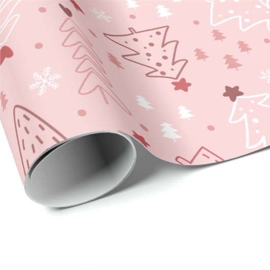 クリスマスツリーズスノーフレークピンクローズクリスマス ラッピングペーパー (ロールコーナー)