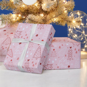 クリスマスツリーズスノーフレークピンクローズクリスマス ラッピングペーパー