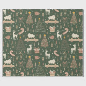 クリスマスツリーズトナカイ緑のクリスマス ラッピングペーパー (フラット)