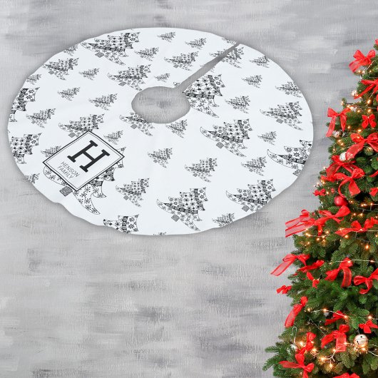 クリスマスツリーズドードルパターンモノグラム ブラッシュドポリエステルツリースカート