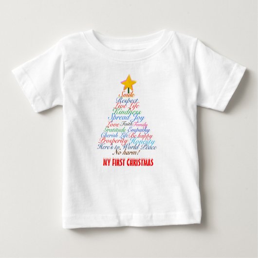 クリスマスツリータイポグラフィベビーの初めてのクリスマス ベビーTシャツ (正面)